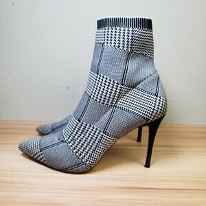 Something Navy 9.5‎ Stiletto Heel Stretch Sock Booties Black Herringbone Print